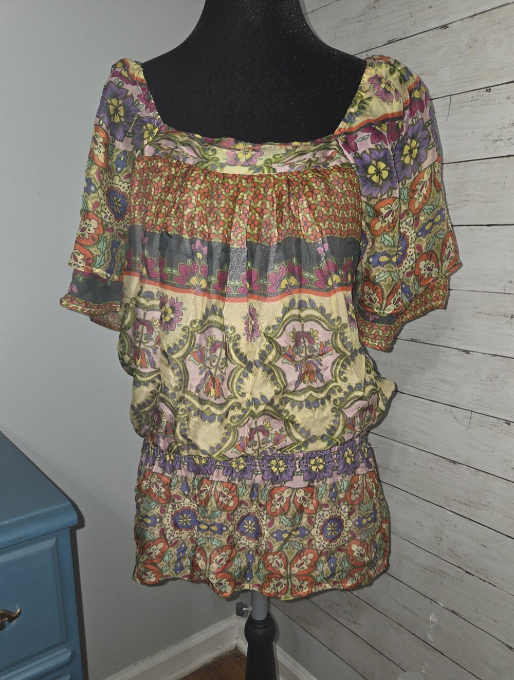 Trinity Bt Anthropologie Elastic Waist Peplum Floral Peasant Blouse 100% Silk Sm
